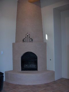 A gas fireplace in the family room