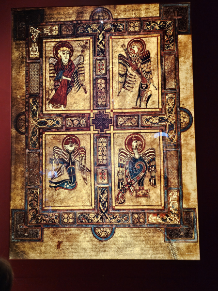 A page from the Book of Kells, enlarged for viewing .