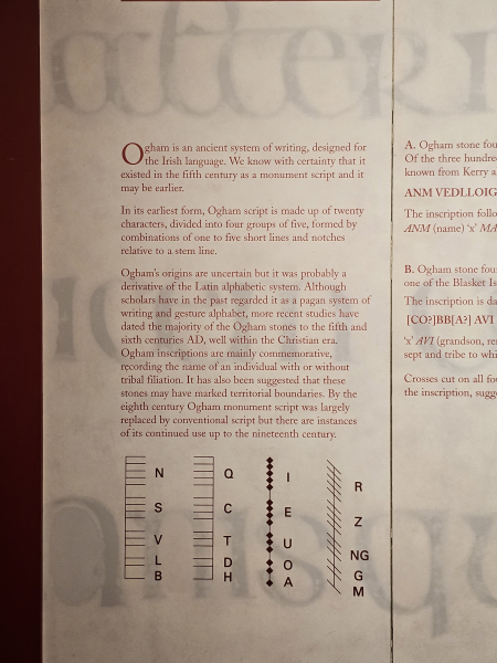 Ogham-style writing uses horizontal lines, slanted lines, and dots,