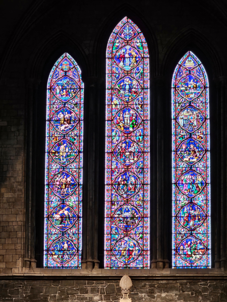 The 3 windows tell the story of St. Patrick's life. They are from the 1970s.