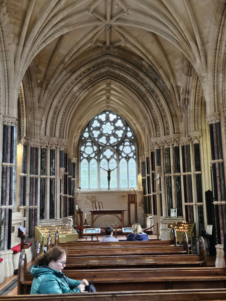 Looking toward altar in faux-Gothic church at Kylemore