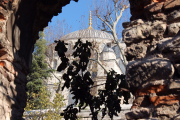 A view of the Blue Mosque through an arch and tree branch