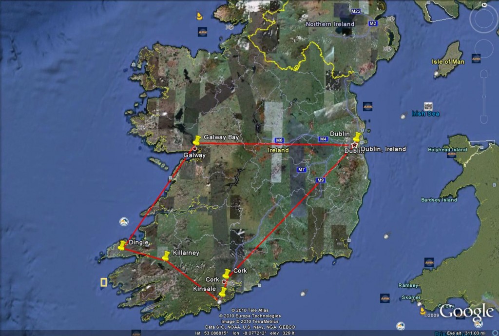 Google Map of cities visited on our drive in Ireland