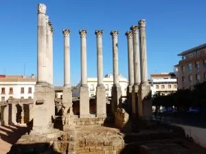 Partial reconstruction of a Roman-era temple on a street corner in Córdoba 