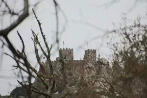View of the Castle of the Moors from the gardens at Quinta da Regaleira in Sintra