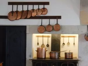 Copper pots and pans in the Pena palace kitchen